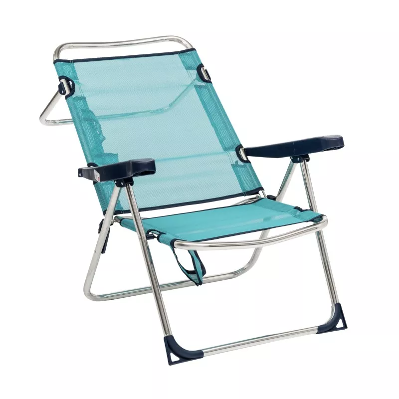Silla playa alta Alco 671ALF-0030 con estructura de aluminio y diseño en color azul verdoso, ligera y plegable.