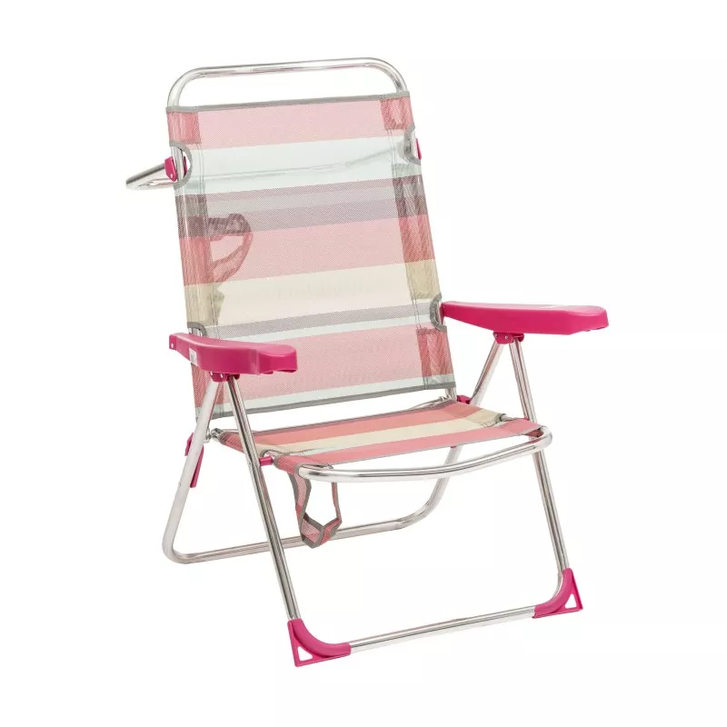 SILLON PLAYA ALTO 671 ALF-1726 RAYAS ROSAS de estructura metálica, con asiento de tela en tonos rosas y diseño plegable.