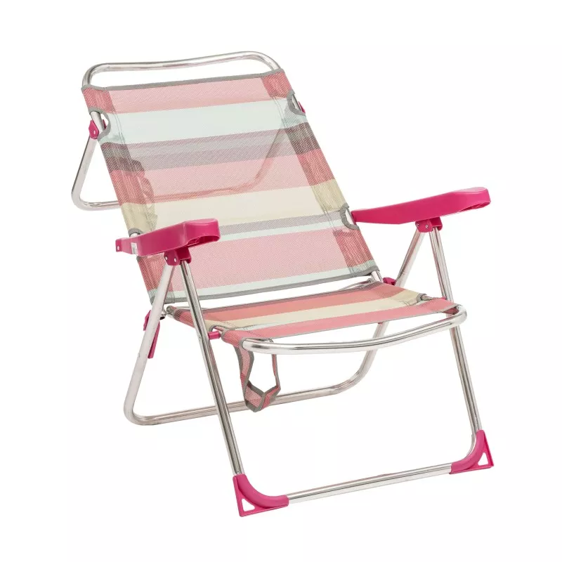 SILLON PLAYA ALTO 671 ALF-1726 RAYAS ROSAS con estructura metálica y diseño en rayas rosas y fucsias, liviano y portátil.