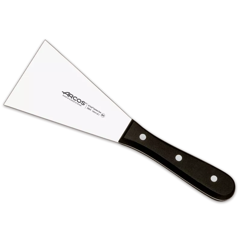 Espátula Arcos 286400 de acero inoxidable con mango negro y diseño ergonómico ideal para cocinar.