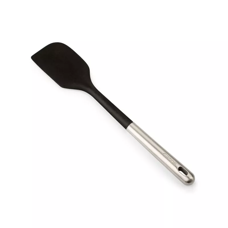 Espátula Arcos 685000 de nylon negra con mango de acero inoxidable y diseño antiadherente.