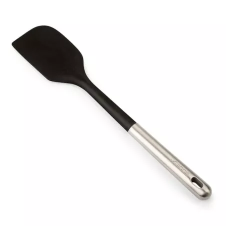 Espátula Arcos 685000 de nylon negra con mango de acero inoxidable y diseño antiadherente.