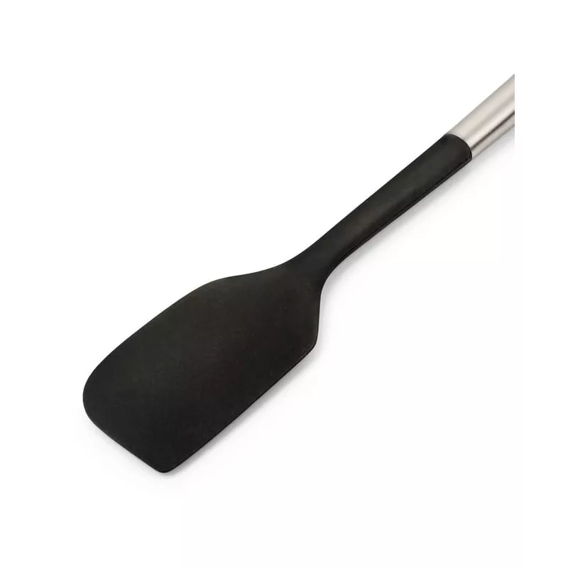 Espátula ArcOS 685000 de silicona negra con mango de acero inoxidable y diseño ergonómico para cocina.