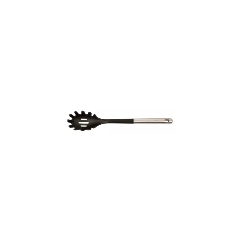 Cuchara para pasta Arcos 685200 de nylon negro con mango de acero inoxidable y diseño ergonómico.