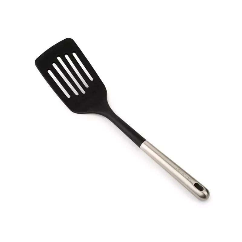 Espátula ranurada Arcos 685300 inox y silicona, color negro con mango de acero inoxidable y diseño ergonómico.