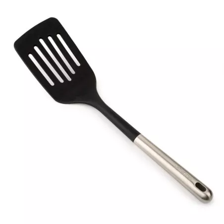 Espátula ranurada Arcos 685300 inox y silicona, color negro con mango de acero inoxidable y diseño ergonómico.
