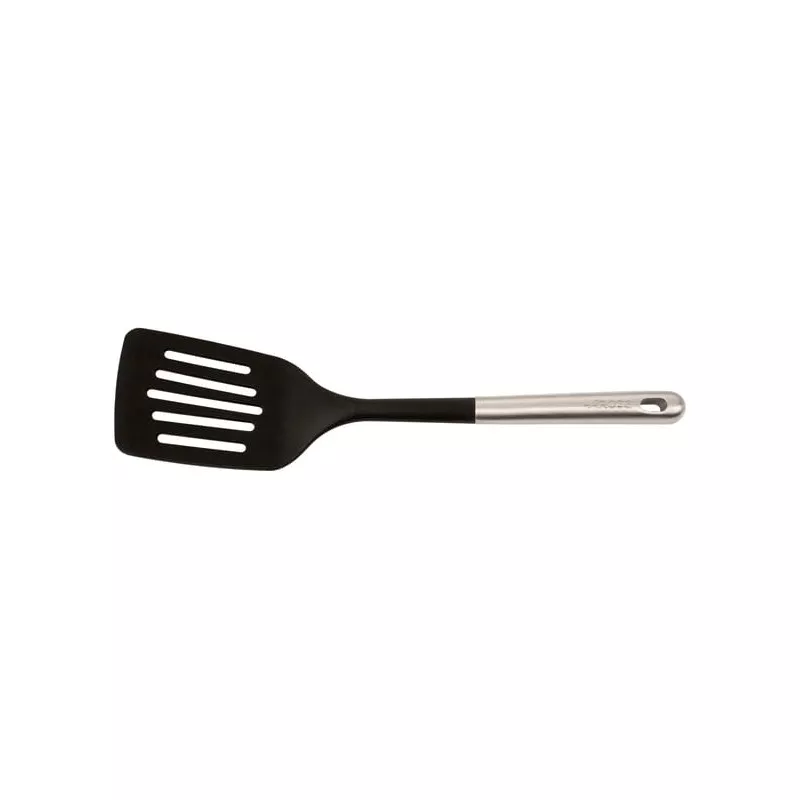 Espátula ranurada Arcos 685300 inox y silicona negra con mango de acero inoxidable y diseño ergonómico.