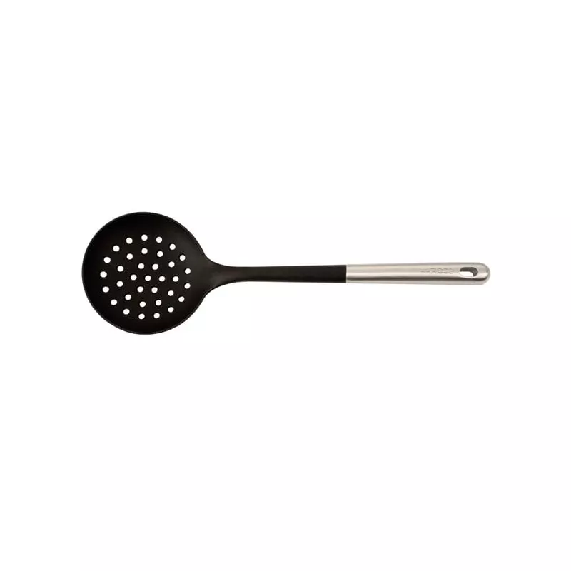 Espumadera Arcos 685500 de nylon negro con mango de acero inoxidable y diseño perforado ideal para freír.