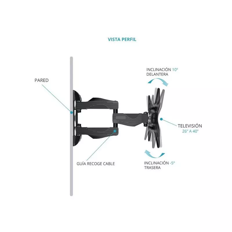 Soporte pared TV articulado TM Electron TMSLC283 26-40\" VESA 200x200 con inclinación de 10° y diseño compacto en color negro.