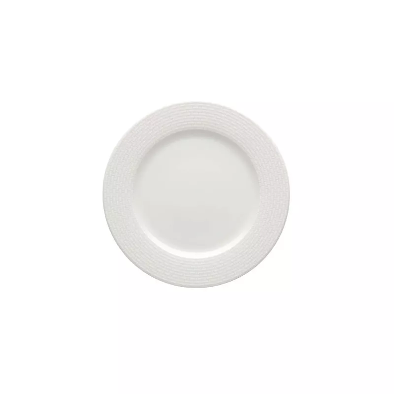 PLATO POSTRE EUROPA 250/19 BCO, cerámica blanca con borde texturizado y diseño elegante para presentación de postres.
