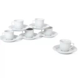 TAZA CAFE C/P SEVILLA R.O. de cerámica blanca, diseño clásico, incluye plato a juego y acabado brillante.