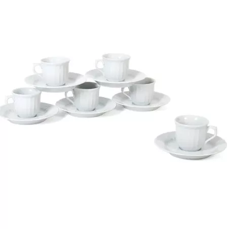 TAZA CAFE C/P SEVILLA R.O. de cerámica blanca, diseño clásico, incluye plato a juego y acabado brillante.