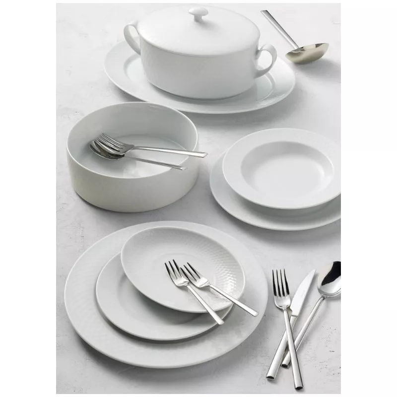 VAJILLA BALTICO BCO 18 P. 75879 ULTINOX de cerámica blanca con estilo moderno, incluye platos, cuencos y cubiertos.