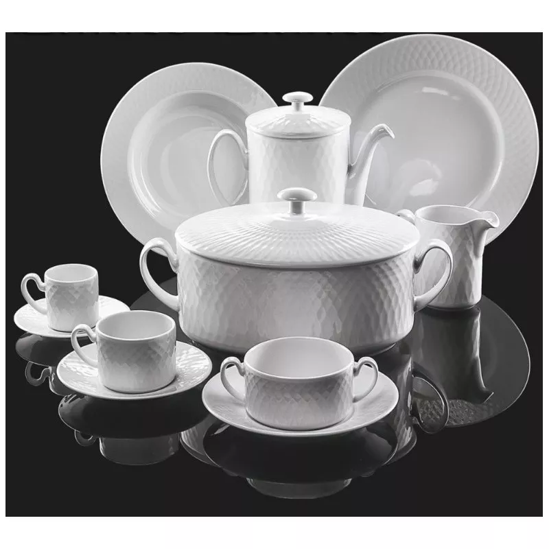 VAJILLA BALTICO BCO 57 P. 75881 ULTINOX en cerámica blanca con diseño texturizado y acabado brillante, incluye platos, tazas y t