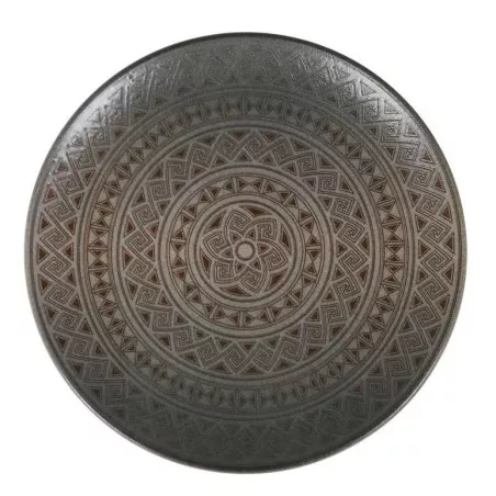 PLATO LLANO GOURMET DAMASQUINO 25 CM. B928003X decorado en tonos marrones con diseño geométrico y acabado brillante