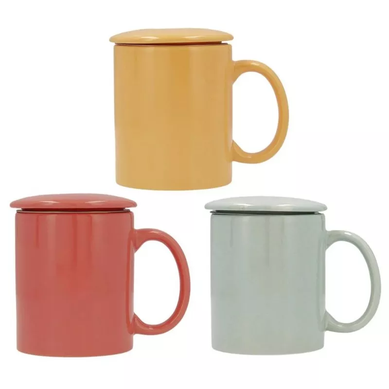 MUG 33 CL C/FILTRO HAPPY SIMPLY 7309152 en colores variados con tapa y diseño moderno, ideal para bebidas calientes.