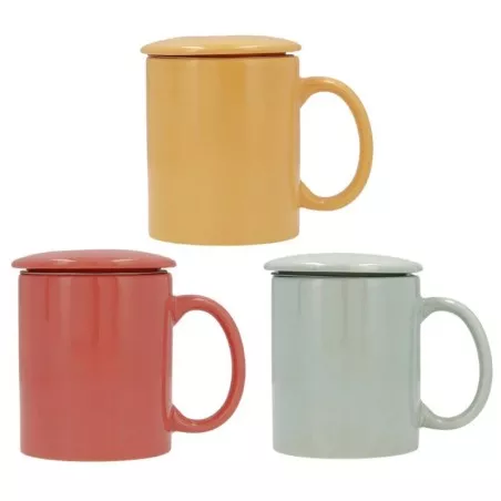 MUG 33 CL C/FILTRO HAPPY SIMPLY 7309152 en colores variados con tapa y diseño moderno, ideal para bebidas calientes.