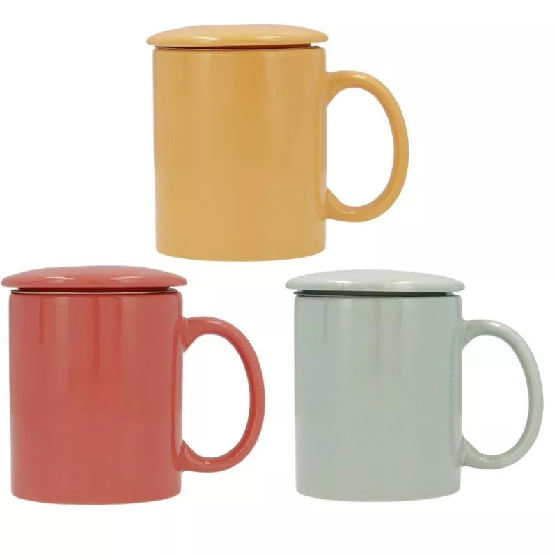 MUG 33 CL C/FILTRO HAPPY SIMPLY 7309152 en colores amarillo, rojo y verde con diseño moderno y tapa integrada.