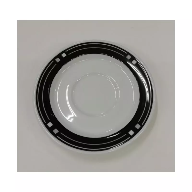 PLATILLO CAFE MELIDE blanco de cerámica con diseño negro en borde y acabado brillante, ideal para servicio de café.