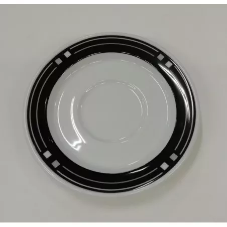 PLATILLO CAFE MELIDE blanco de cerámica con diseño negro en borde y acabado brillante, ideal para servicio de café.