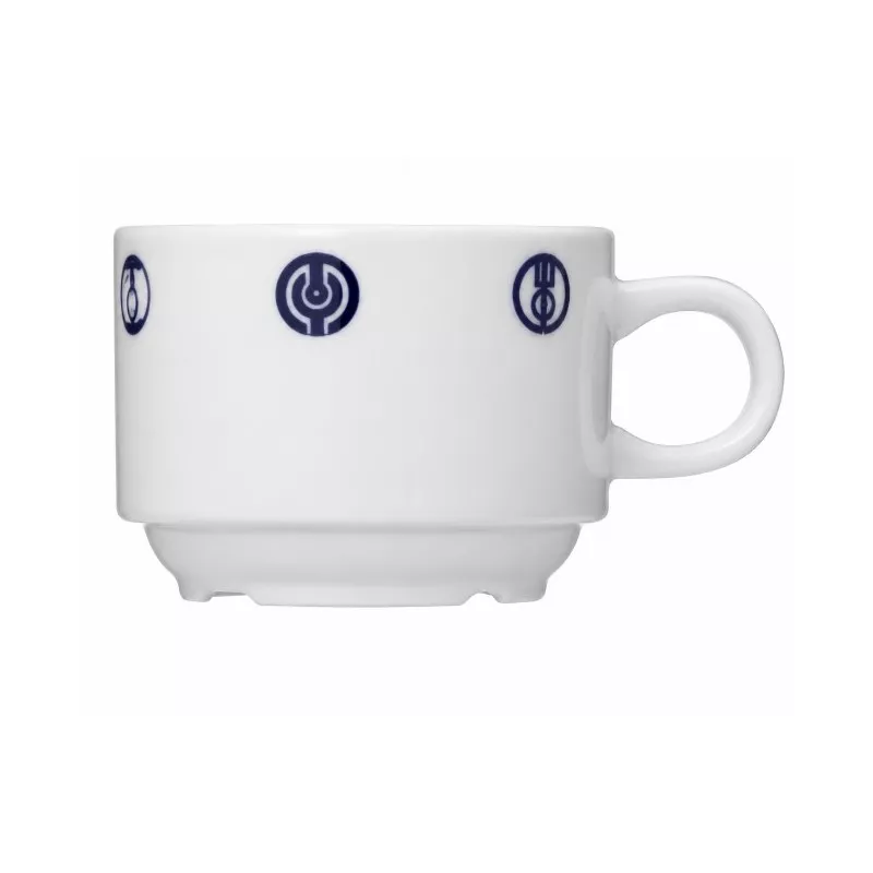 TAZA DESAYUNO MELIDE 32CC blanca de cerámica con diseño gráfico en azul y acabado mate.