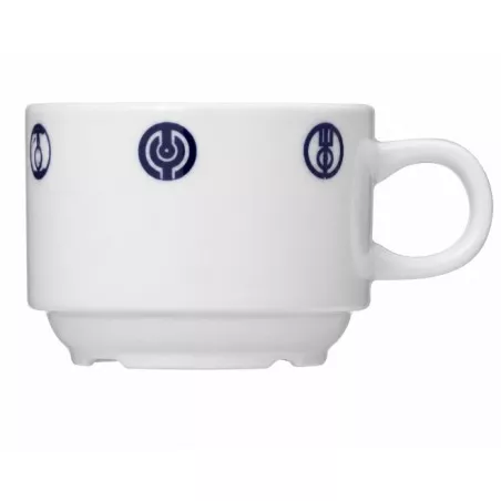 TAZA DESAYUNO MELIDE 32CC blanca de cerámica con diseño gráfico en azul y acabado mate.