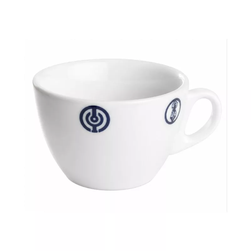 TAZA CAFE MELIDE 16,1CC de cerámica blanca con diseño minimalista y logotipo en relieve.