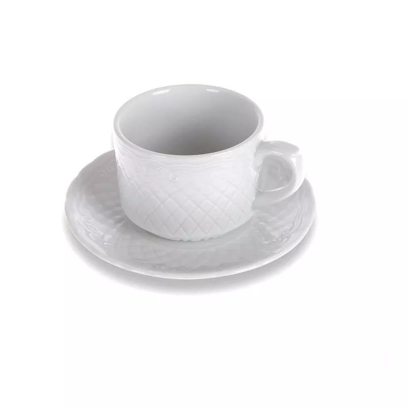 TAZA MOKA ESCORIAL BCO 510/10 de cerámica blanca con diseño texturizado y plato a juego.