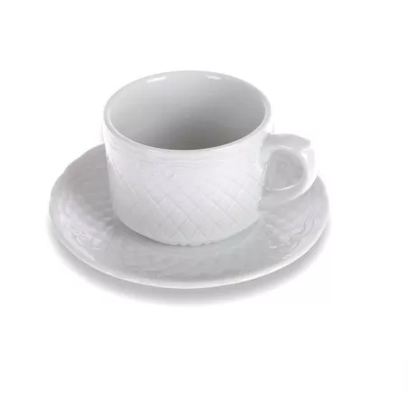 TAZA MOKA ESCORIAL BCO 510/10 de cerámica blanca con diseño texturizado y plato a juego.