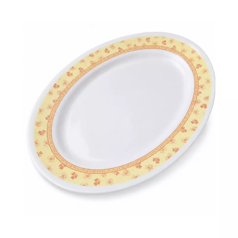 Fuente oval 36 HARM. PROVENCE de cerámica blanca con borde floral amarillento y acabados elegantes.