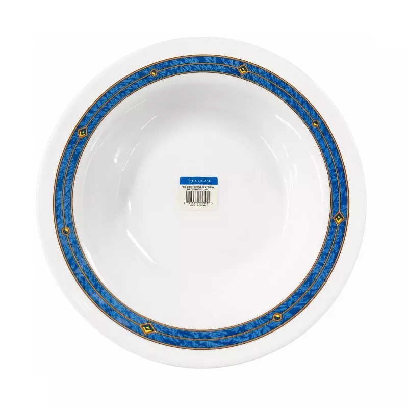 Fuente RDA Honda Harmonía Astral cerámica blanca con decoración azul y detalles dorados en el borde.