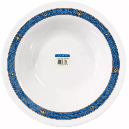 Fuente RDA Honda Harmonía Astral cerámica blanca con decoración azul y detalles dorados en el borde.