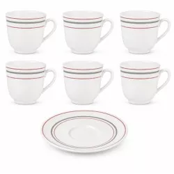 Estuche Moka Harmonia Scala de cerámica blanca con rayas rojas, incluye seis tazas y un plato.