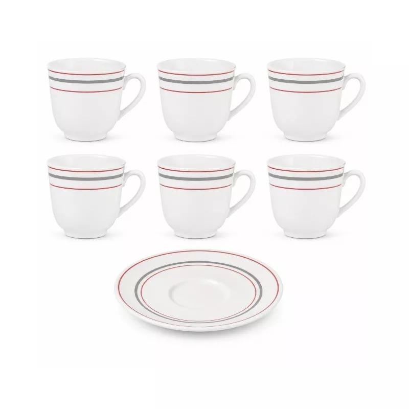 Estuche Moka Harmonia Scala de cerámica blanca con rayas rojas, incluye seis tazas y un plato.