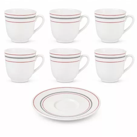 Estuche Moka Harmonia Scala de cerámica blanca con rayas rojas, incluye seis tazas y un plato.