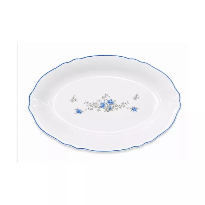FUENTE 22 OVAL ARCOPAL ESTILO blanca con diseño de flores azules y borde decorativo azul, ideal para servir alimentos.