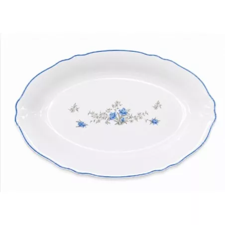 FUENTE 22 OVAL ARCOPAL ESTILO blanca con diseño de flores azules y borde decorativo azul, ideal para servir alimentos.