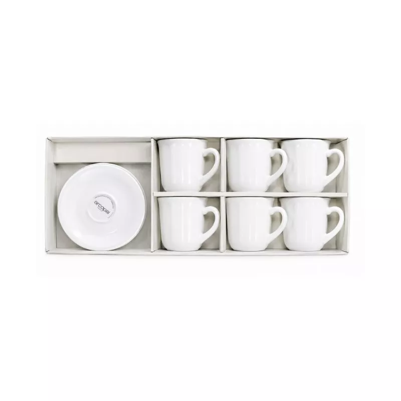 Estuche Moka Luis XV blanco con seis tazas de cerámica y plato, diseño elegante y acabado liso.