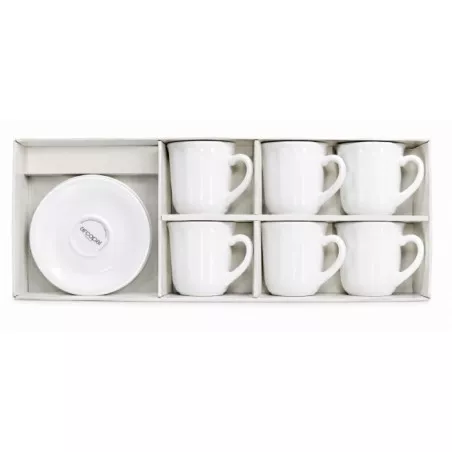 Estuche Moka Luis XV blanco con seis tazas de cerámica y plato, diseño elegante y acabado liso.