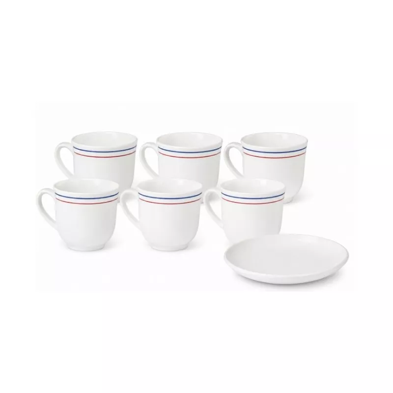 Estuche Moka Marly Valeria de cerámica blanca con diseño de rayas rojas y azules, incluye seis tazas y un plato.