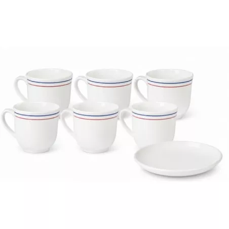 Estuche Moka Marly Valeria de cerámica blanca con diseño de rayas rojas y azules, incluye seis tazas y un plato.