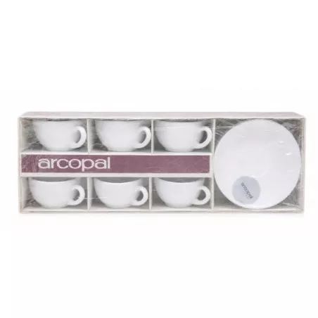 Estuche Moka moderno blanco con seis tazas de cerámica y un plato, diseño elegante y acabado liso.