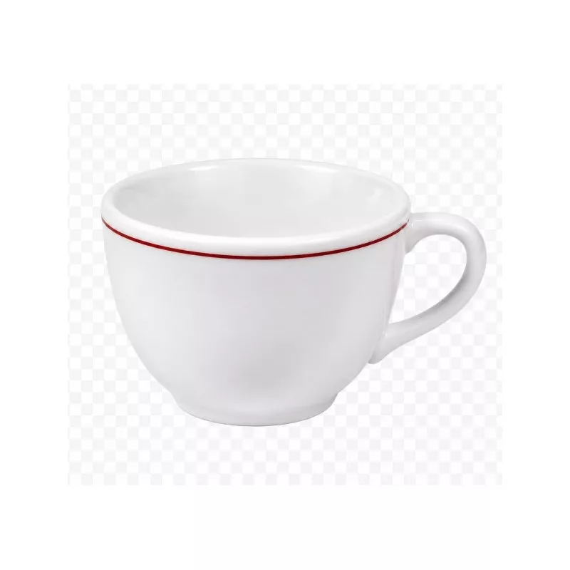 TAZA 8 MOKA RESTAURANT.BURDEOS de cerámica blanca con borde rojo, diseño clásico y cómoda asa.