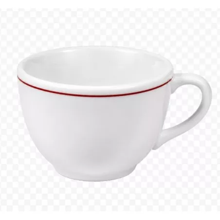 TAZA 8 MOKA RESTAURANT.BURDEOS de cerámica blanca con borde rojo, diseño clásico y cómoda asa.