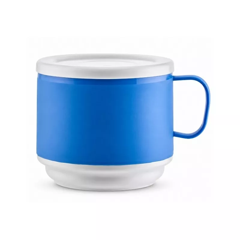 TAZA DESAYUNO AMC 13047050685-AZUL en plástico azul con tapa blanca y diseño moderno, ideal para uso diario.