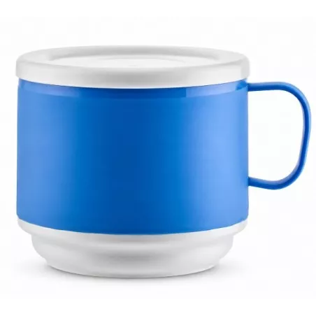 TAZA DESAYUNO AMC 13047050685-AZUL en plástico azul con tapa blanca y diseño moderno, ideal para uso diario.
