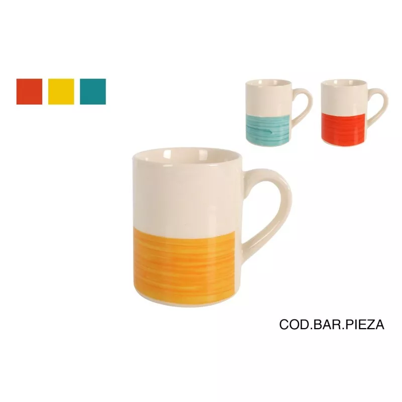 MUG 300 CC JESSE 1113012 cerámica blanca con diseño colorido en la base y asa ergonómica.