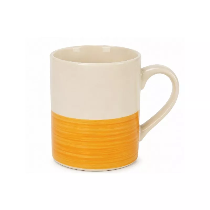 MUG 300 CC JESSE 1113012 cerámica beige con diseño naranja en la base y acabado brillante, ideal para bebidas calientes.