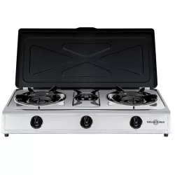 Hornillo de gas Vitrokitchen 360IB – 3 fuegos de acero inoxidable con tapadera y quemadores de alta eficiencia