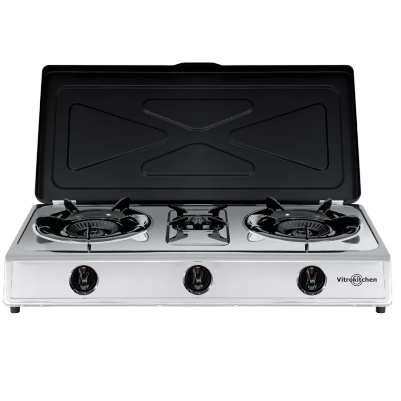 Hornillo de gas Vitrokitchen 360IB – 3 fuegos de acero inoxidable con tapadera y quemadores de alta eficiencia